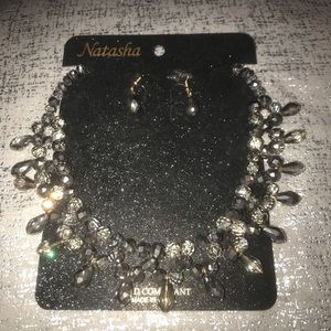 NWOT Natasha Couture Charcoal Grey Crystal Earring/Necklace Set